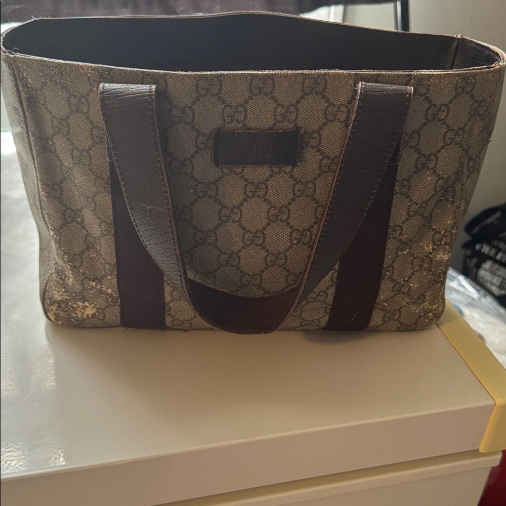 Gucci Beige GG Canvas Mini Tote with Brown Trim